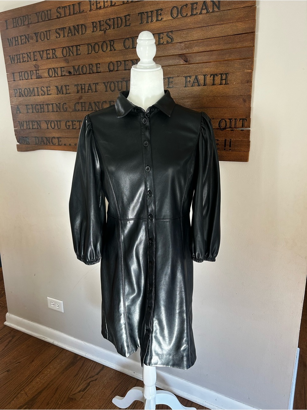 Black Faux Leather Button-Front Mini Dress with Puff Sleeves